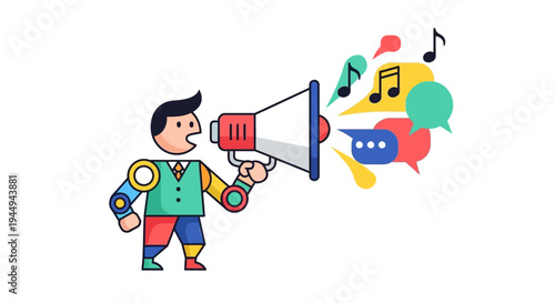 Illustration of a man holding a megaphone with sound waves and speech bubbles emanating from it, symbolizing communication and promotion