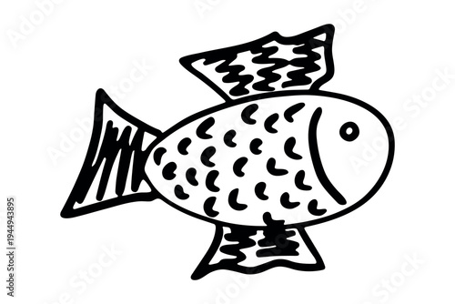 Hand drawn happy funny cute fish Adorable friendly kawaii tropical fish Underwater world sea life ocean Fishing seafood For design, kids print, kids books, nursery decor, coloring pages, logo