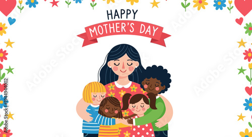 Joyful illustration of a diverse group of children affectionately hugging their loving mother, celebrating a happy Mother's Day surrounded by vibrant floral decor
