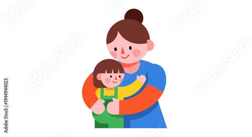 A joyful mother tenderly embraces her beloved young child, symbolizing the warmth of family bonding and nurturing care in a delightful flat vector illustration