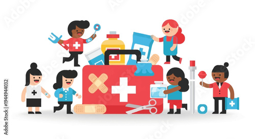 Diverse Group of Community Members Collaborating to Assemble and Share Essential First Aid Supplies for Health and Emergency Preparedness