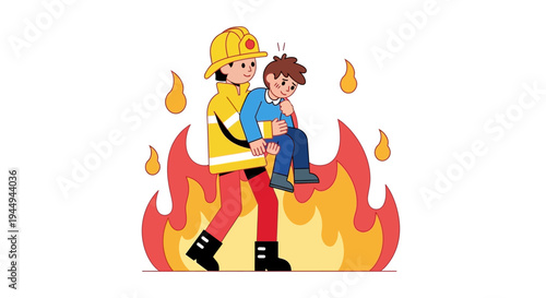 Brave Firefighter Heroically Rescues Child from Dangerous Blaze A Dynamic Vector Graphic Illustrating Emergency Response and Public Safety Efforts