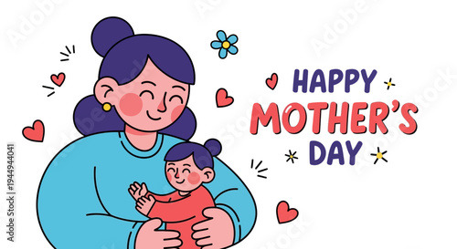 Happy Mother's Day illustration with mother holding her child in a heartwarming embrace