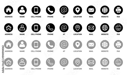 Contact information icons for business card featuring name, location, cell phone, phone, email, address, website, and fax in vector format with a transparent background.