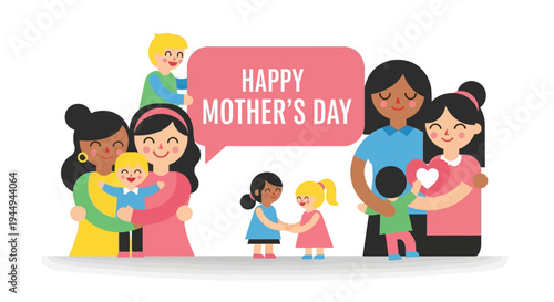 Happy Mother's Day celebration with diverse families and children depicted in a heartwarming illustration