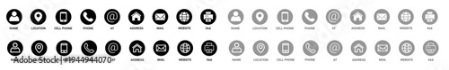 Contact information icons for business card featuring name, location, cell phone, phone, email, address, website, and fax in vector format with a transparent background.