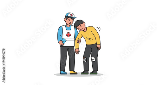 A caring volunteer offers medical assistance and first aid to an injured or unwell person, symbolizing help and support for well-being