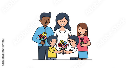 Joyful Family Celebration with Parents and Children Exchanging Colorful Bouquets, Symbolizing Love, Gratitude, and Togetherness