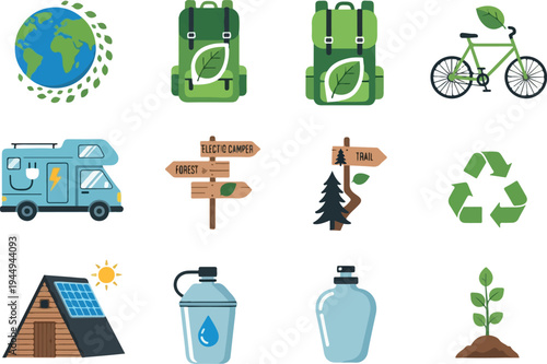 Eco-friendly lifestyle and sustainable living concepts with nature-inspired icons representing travel, energy, and environmental awareness
