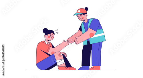 Helping Hand A person in a reflective vest assists an injured individual with a bandaged leg