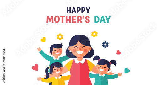 Happy Mother's Day celebration with mother and children, a vibrant illustration