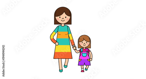 Cheerful mother and daughter walking hand in hand, a vibrant flat vector illustration symbolizing family bond and togetherness