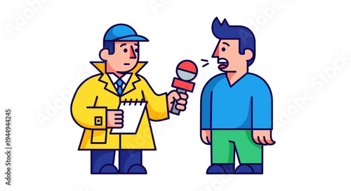 Dynamic illustration of a news reporter with a microphone interviewing a speaker, capturing essential stories and public statements for media dissemination