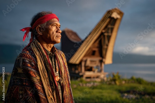 Traditional Batak man with ulos and headband in misty mountain village near Lake Toba