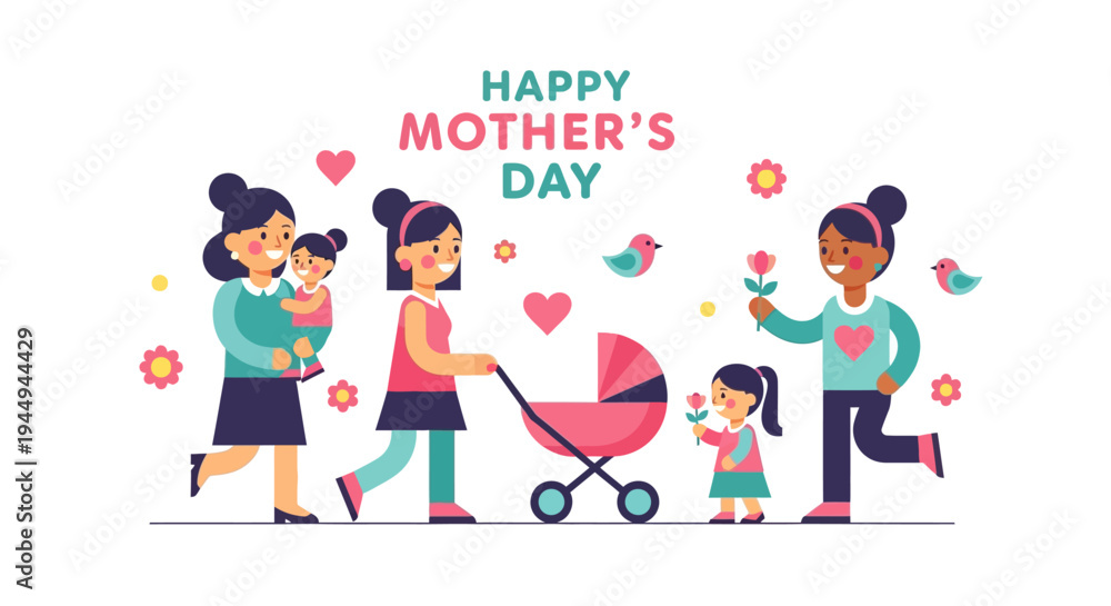 Fototapeta premium Happy Mother's Day Illustration with Mothers and Children Celebrating