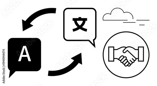 Translation concept. Translation between languages enhances global communication and partnerships. Translation systems connect language, culture, and technology for business, travel, and education