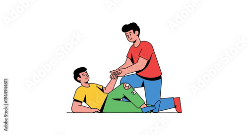 Compassionate individual providing essential first aid and support to a person with a leg injury, illustrating helpful assistance