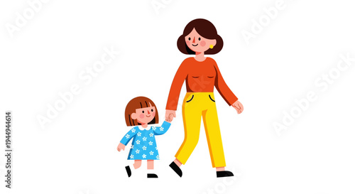 A mother and daughter walking hand in hand, a depiction of family connection and childhood innocence