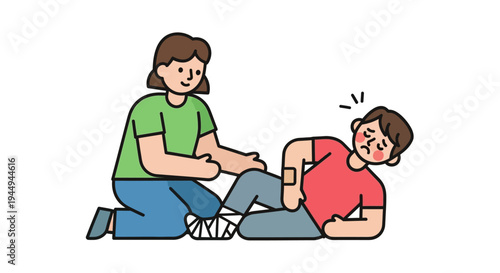 First Aid Illustration Person Assisting Injured Individual with Bandaged Leg