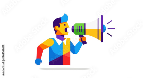 Energetic graphic illustration featuring a vibrant person broadcasting important messages with a colorful loudspeaker, symbolizing impactful communication