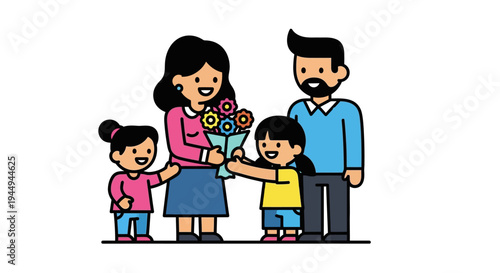 Heartwarming Family Celebration Children Presenting a Beautiful Bouquet of Flowers to Their Loving Mother