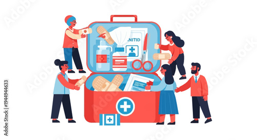 People Collaborating to Assemble First Aid Kit Essential Medical Supplies Prepared for Community Health, Safety, and Emergency Readiness