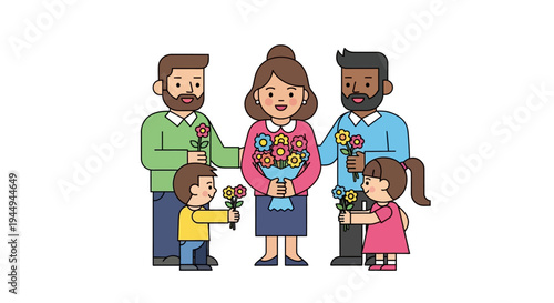 Joyful diverse family expressing love and gratitude by exchanging beautiful flowers, symbolizing strong bonds and appreciation