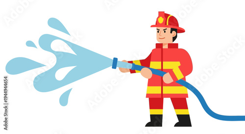 A cheerful firefighter in uniform is actively spraying water from a hose, putting out a fire with a determined expression