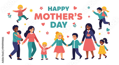 Diverse Families Joyfully Celebrate Happy Mother's Day with Love and Togetherness, Illustrating Strong Maternal Bonds