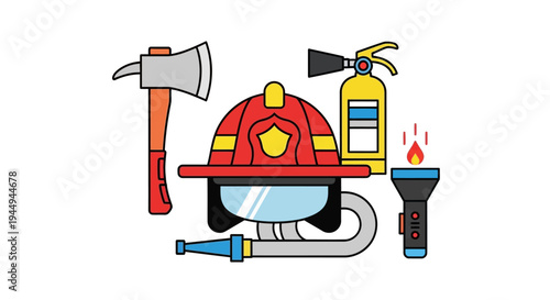 A firefighter's essential equipment collection, including a helmet, axe, extinguisher, flashlight, and hose