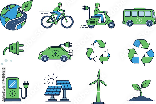 Eco-friendly sustainable energy and transport icons representing green technology for a healthier planet
