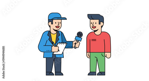 Professional journalist conducting a media interview with a man, symbolizing communication and public information gathering