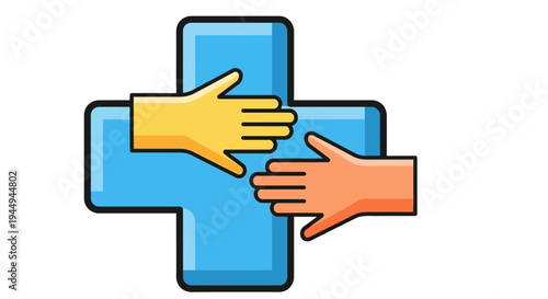 United hands embracing a vibrant blue medical cross, embodying health solidarity, patient support, and essential community well-being initiatives
