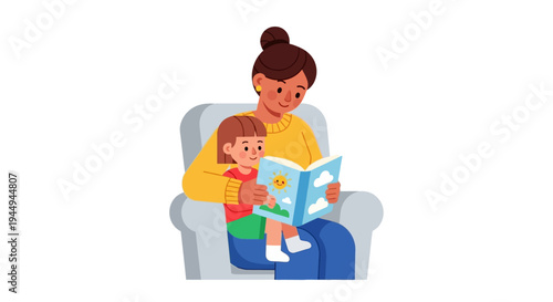 Enchanting tale time as a mother lovingly shares a storybook with her child, nurturing imagination and the joy of early learning