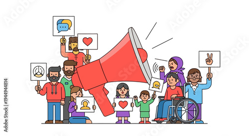 Group of people holding signs and a megaphone advocating for social inclusion and diversity
