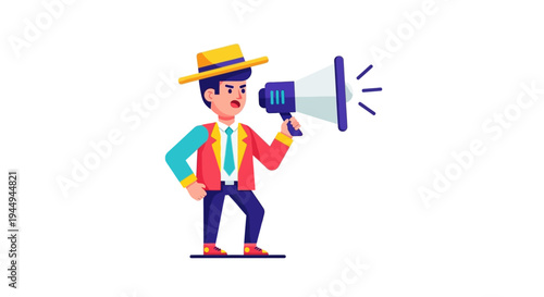 Man in Hat and Blazer Shouting Through Megaphone, Announcing News Loudly