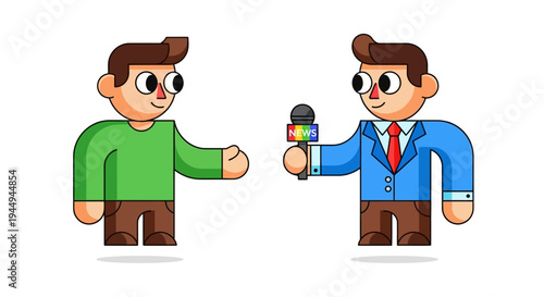 Vibrant cartoon illustration of a news reporter interviewing a man, depicting media communication, public relations, and information exchange