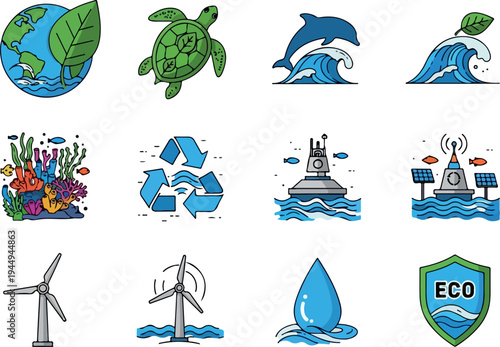 Eco-friendly technology, nature conservation, and sustainable energy icons
