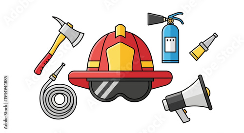 Firefighter Equipment Collection Helmet, Axe, Hose, Fire Extinguisher, Megaphone, and More