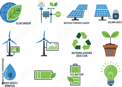 Collection of eco-friendly technology icons representing renewable energy, sustainability, and environmental monitoring for a green future