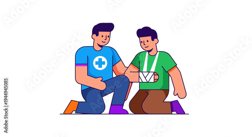 Emergency first aid intervention a caring individual helps an injured person with a bandaged arm, illustrating crucial immediate medical assistance and support