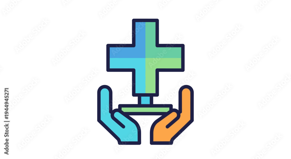 Obraz premium Modern graphic icon illustrating compassionate hands offering medical support, symbolizing healthcare, patient well-being, and dedicated service