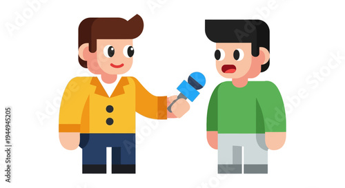 Vibrant flat illustration showing a journalist interviewing a person, capturing essential media communication, news reporting, and public relations concepts