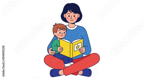 Mother and child reading a book together with a star symbol on its cover, symbolizing education and learning