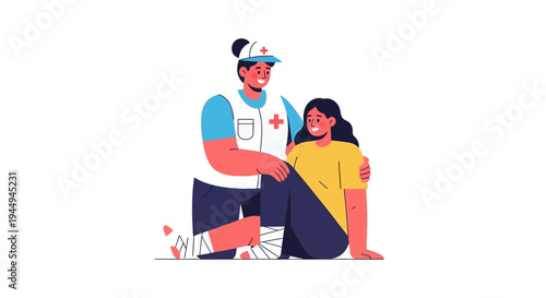 Caring medical professional providing first aid support and comfort to an injured patient with a bandaged leg