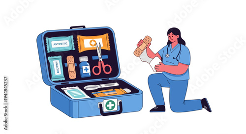 Caring healthcare professional preparing crucial first aid supplies from a well-stocked kit, highlighting medical readiness and emergency response