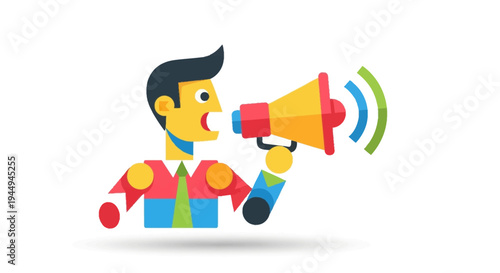 Dynamic illustration of a person delivering an important message through a megaphone, symbolizing communication, marketing, and public speaking