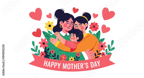 Heartfelt Mother's Day celebration featuring a loving family embrace, surrounded by vibrant floral elements and decorative hearts, symbolizing warmth and happiness