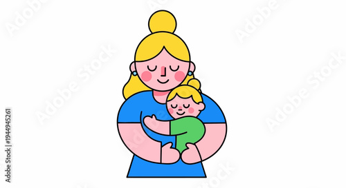 Stylized illustration of a loving mother gently cradling her happy baby, symbolizing the beautiful maternal bond and family warmth