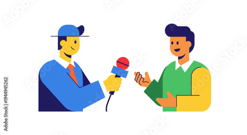 Professional journalist interviewing a smiling man for a live broadcast or media content creation